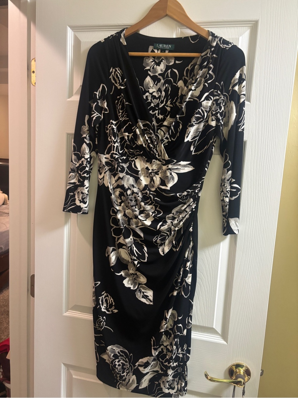Ralph Lauren Black & Cream Floral Wrap-Style Midi Dress